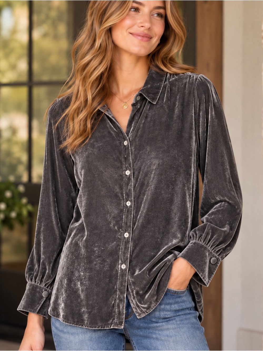 J.Jill Gray Luxurious Velvet Silk Rayon Button Front Blouse Top Large